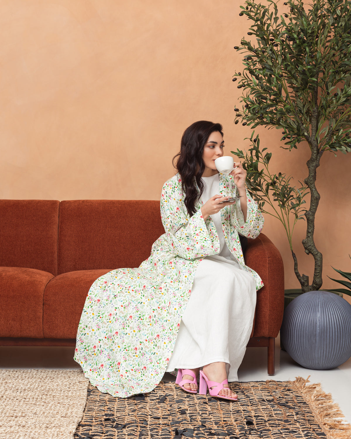 Classic white linen abaya with floral print