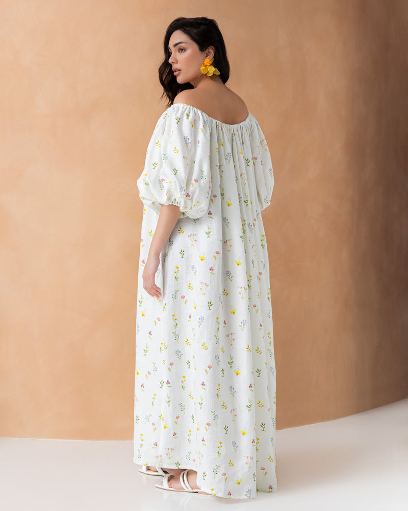 Off shoulder floral linen dress