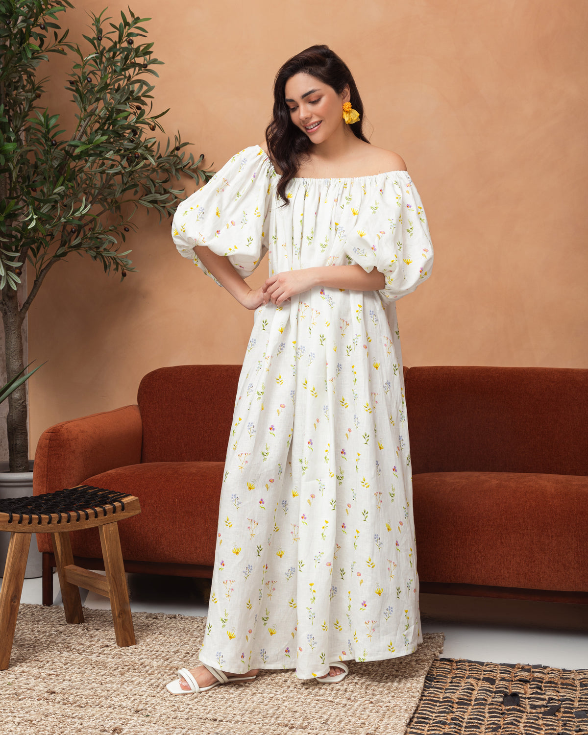 Off shoulder floral linen dress