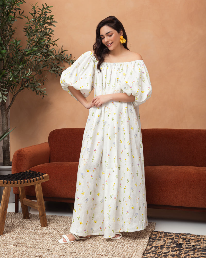Off shoulder floral linen dress