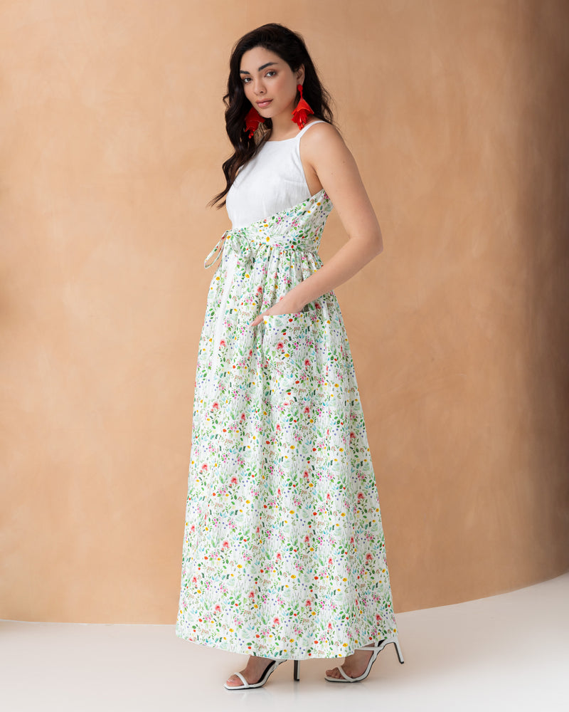 Sleeveless linen wrap dress with pockets