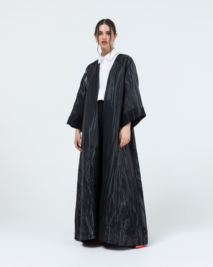 Soft jacquard with silver metallic branches with folded cuff classic abaya