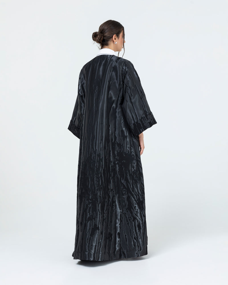 Soft jacquard with silver metallic branches with folded cuff classic abaya