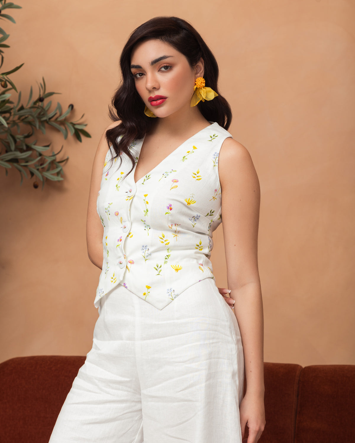Printed linen floral vest