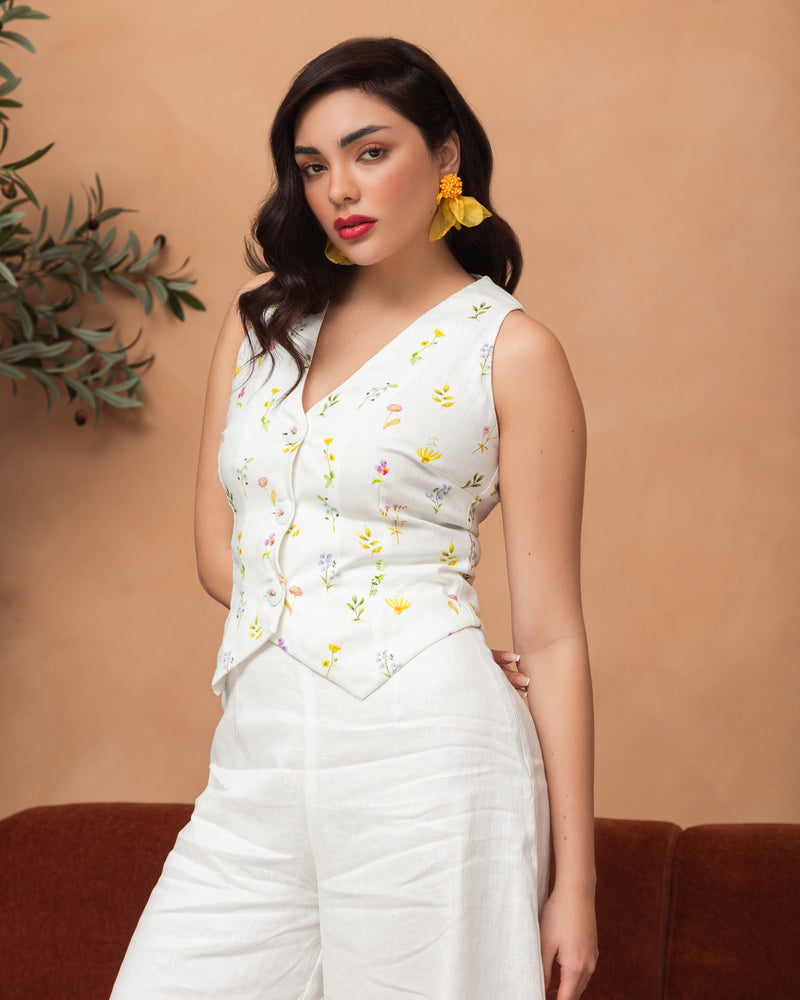 Printed linen floral vest