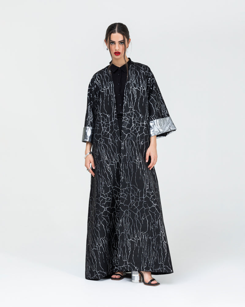 Soft jacquard with silver metallic branches with folded cuff classic abaya