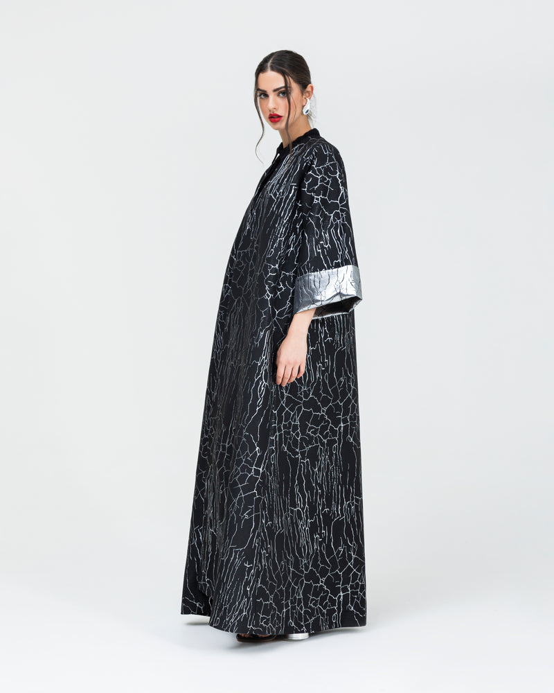 Soft jacquard with silver metallic branches with folded cuff classic abaya