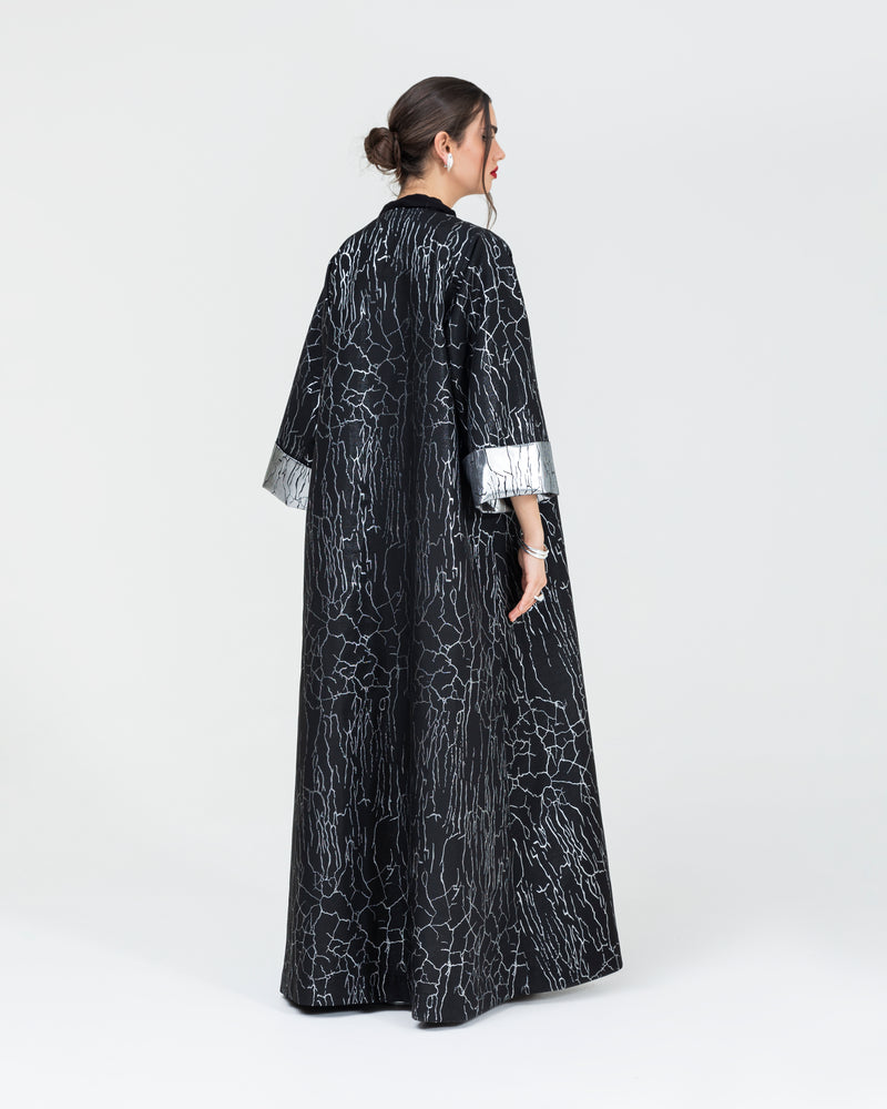 Soft jacquard with silver metallic branches with folded cuff classic abaya