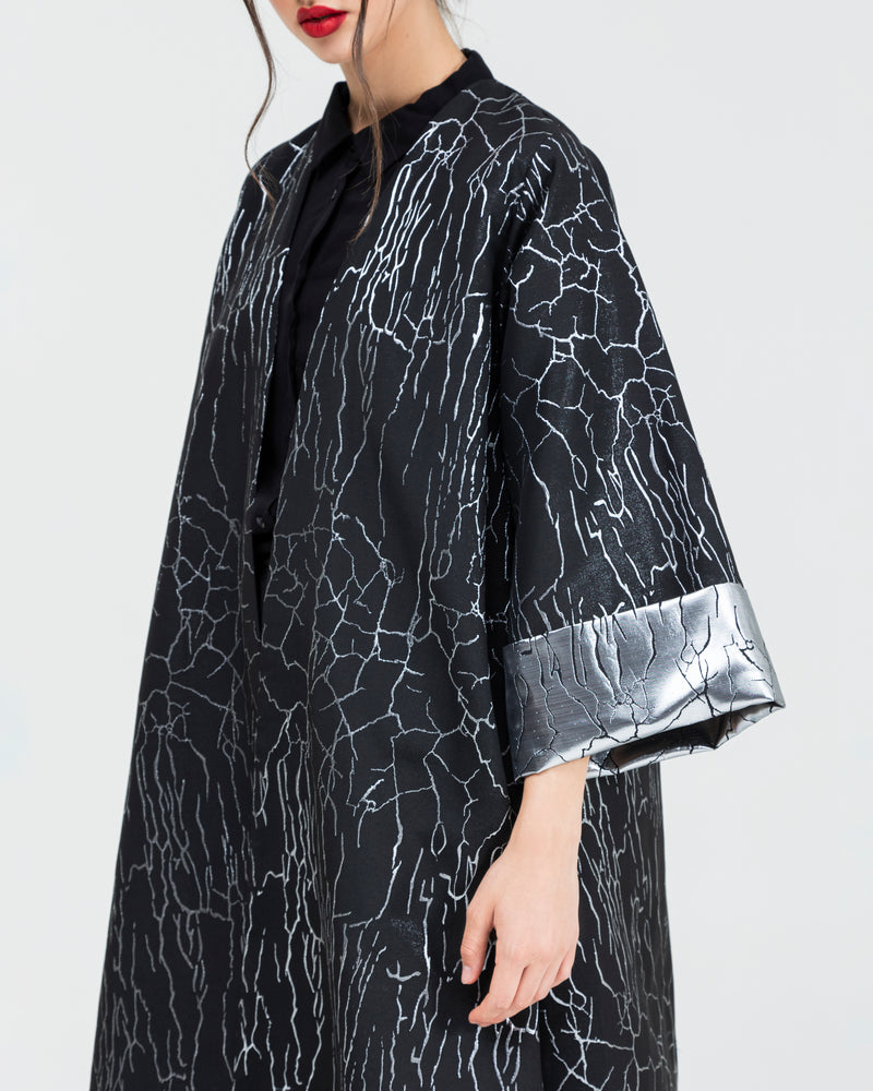 Soft jacquard with silver metallic branches with folded cuff classic abaya