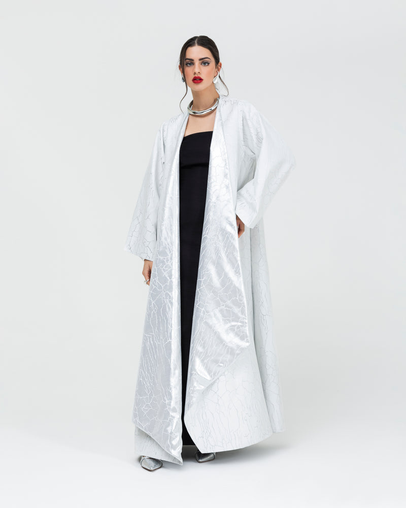 Soft jacquard with metallic silver branches with large, folded lapel classic abaya