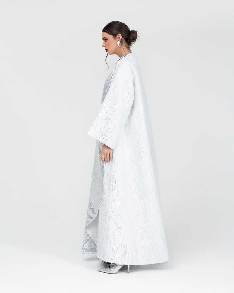 Soft jacquard with metallic silver branches with large, folded lapel classic abaya