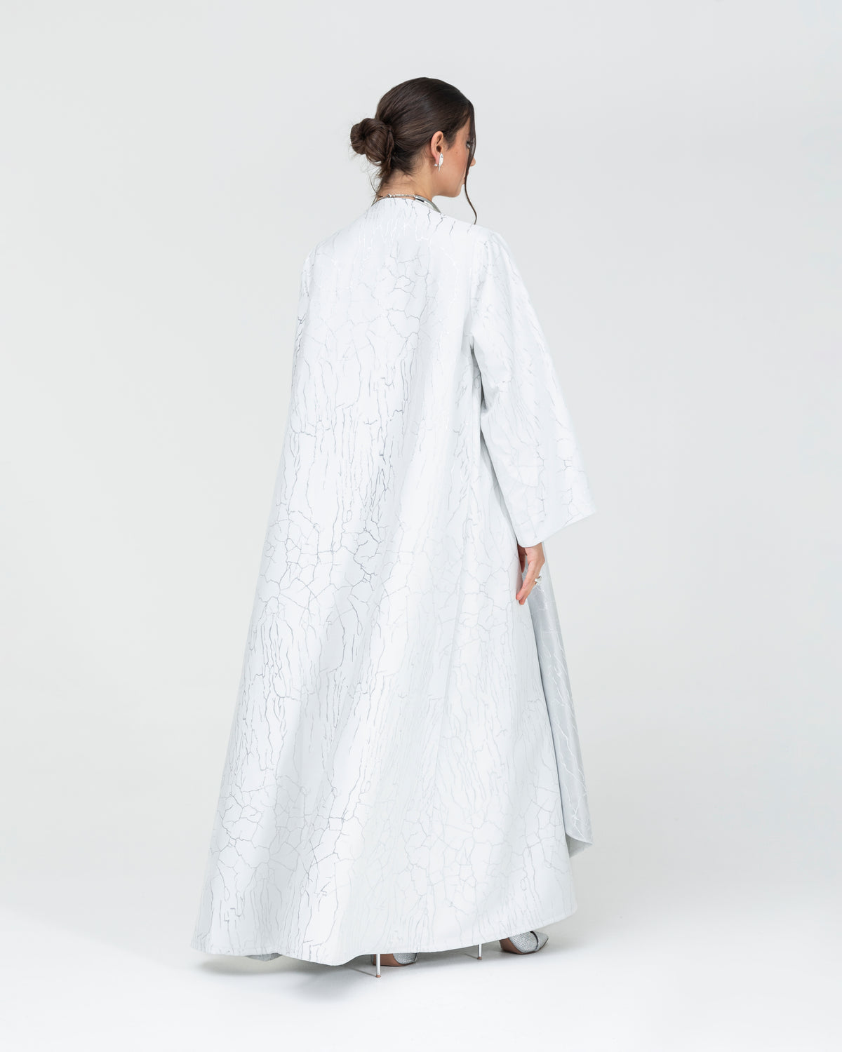 Soft jacquard with metallic silver branches with large, folded lapel classic abaya