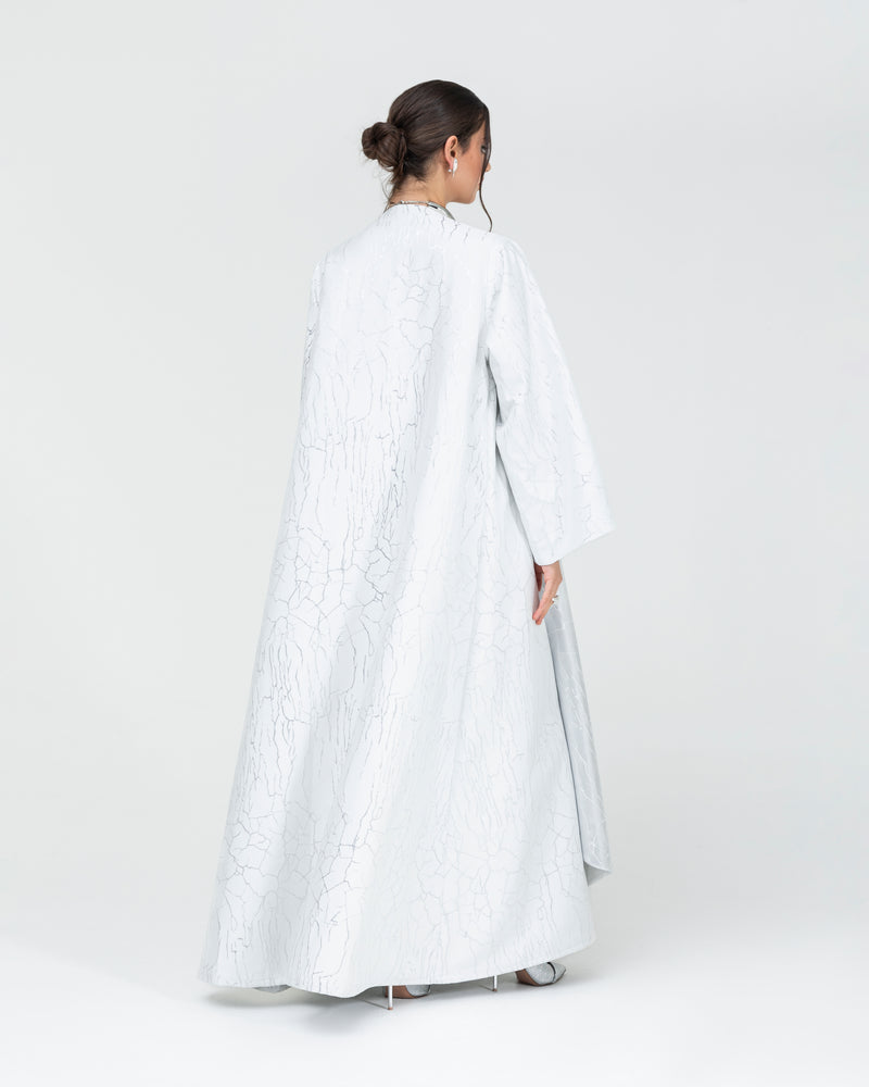 Soft jacquard with metallic silver branches with large, folded lapel classic abaya