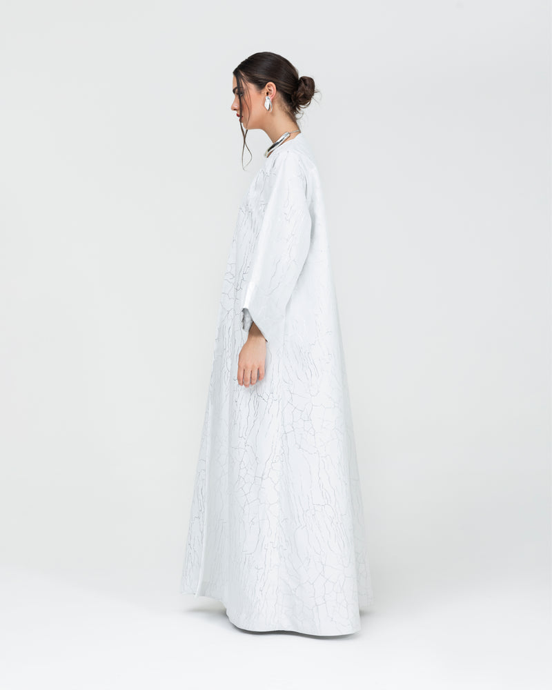 Soft jacquard with silver metallic branches with folded cuff classic abaya