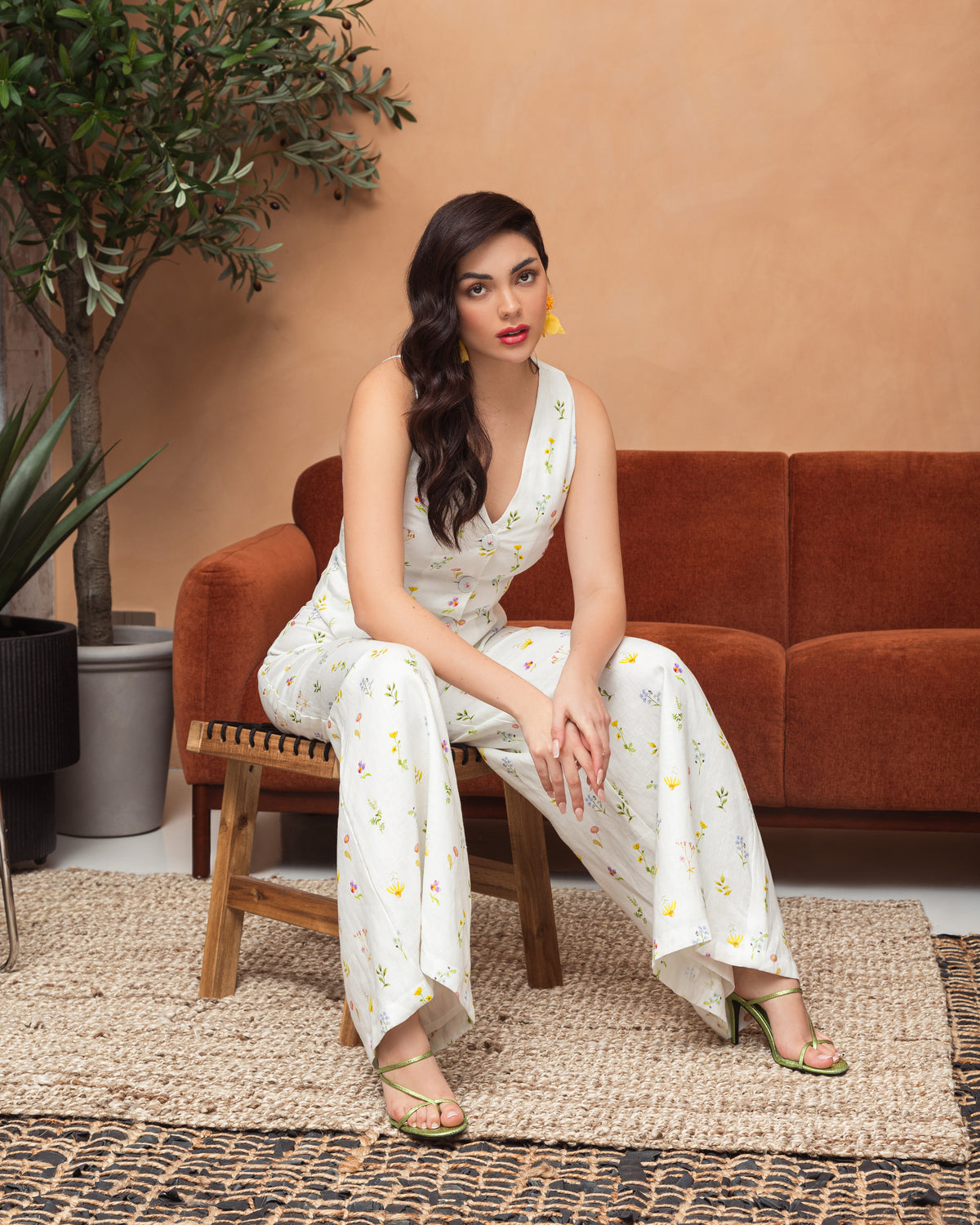 Printed linen floral vest