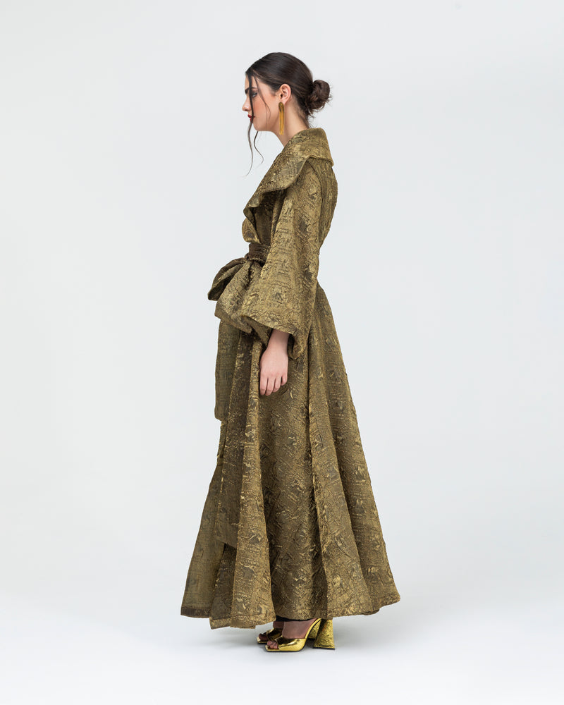 Regal collar abaya with belt in 3D textured crushed fabric