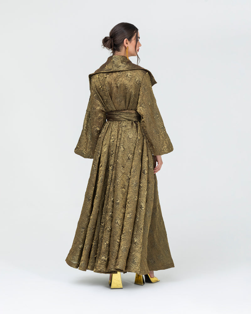 Regal collar abaya with belt in 3D textured crushed fabric