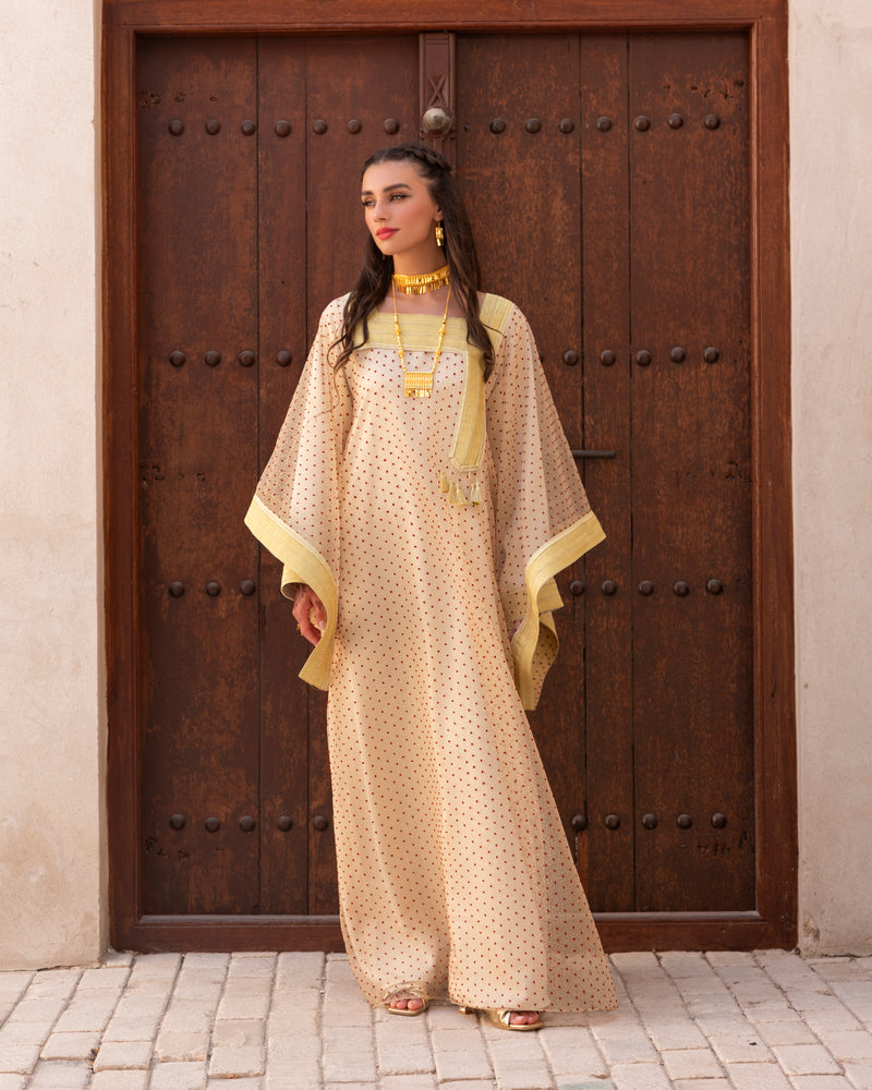 Dotted organza thoub with classic neckline connected with silk satin jalabiya