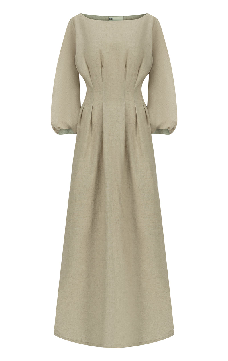 Printed linen dress with cinched waist and adjustable belt