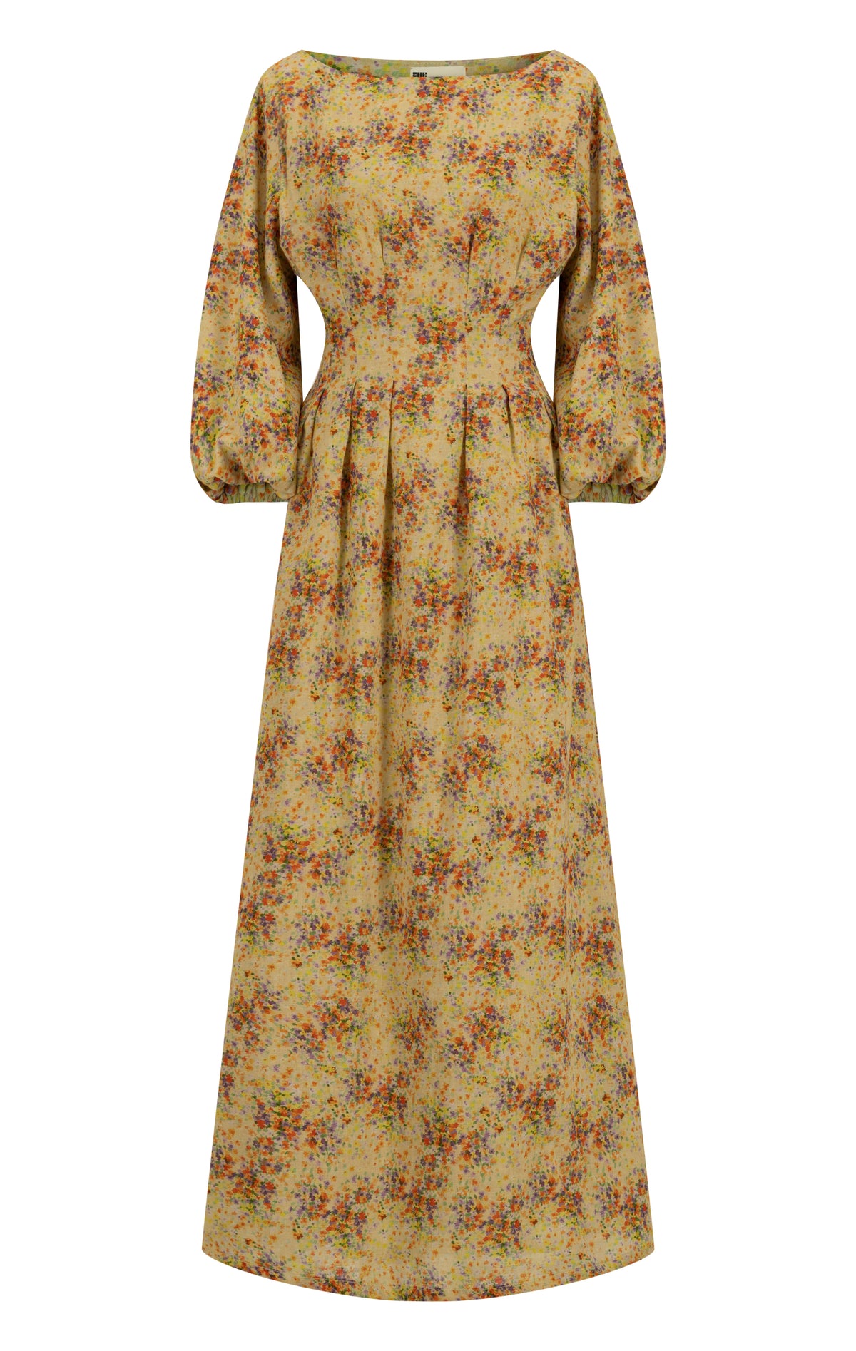 Printed linen dress with cinched waist and adjustable belt