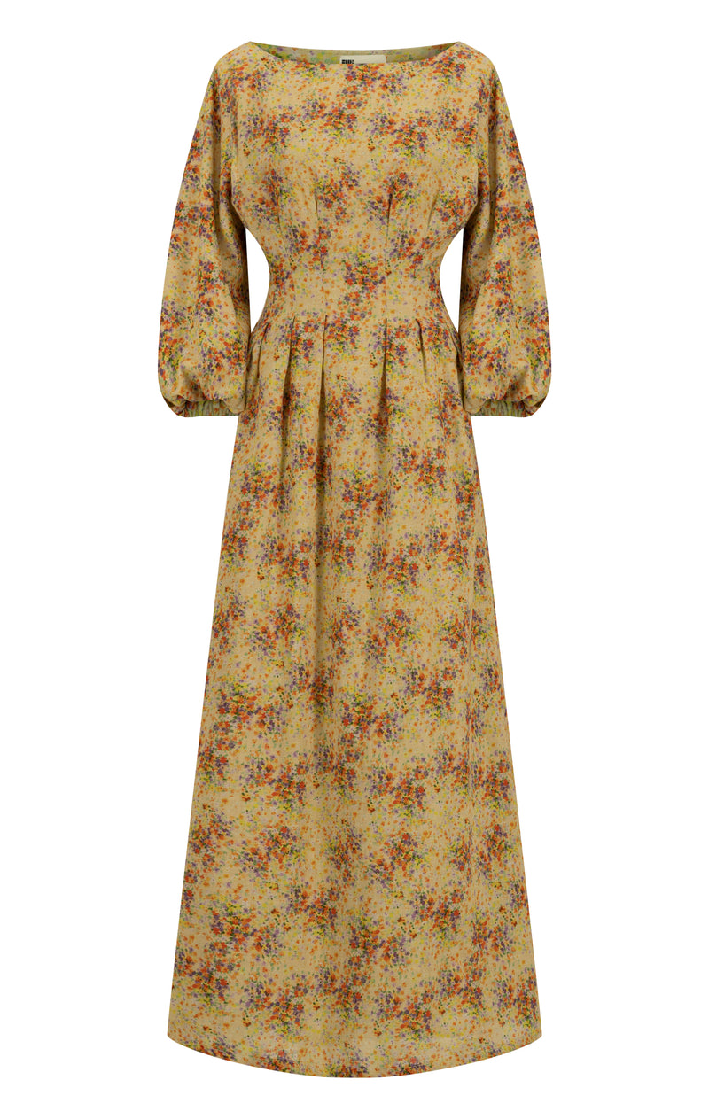 Printed linen dress with cinched waist and adjustable belt