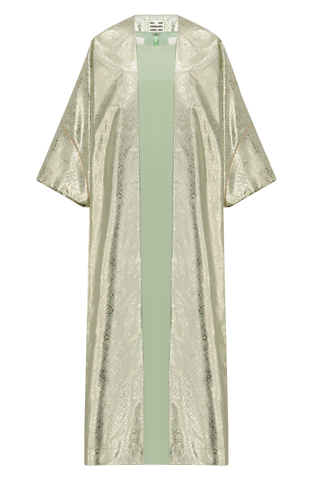 Shiny jacquard bisht with silk satin inner dress