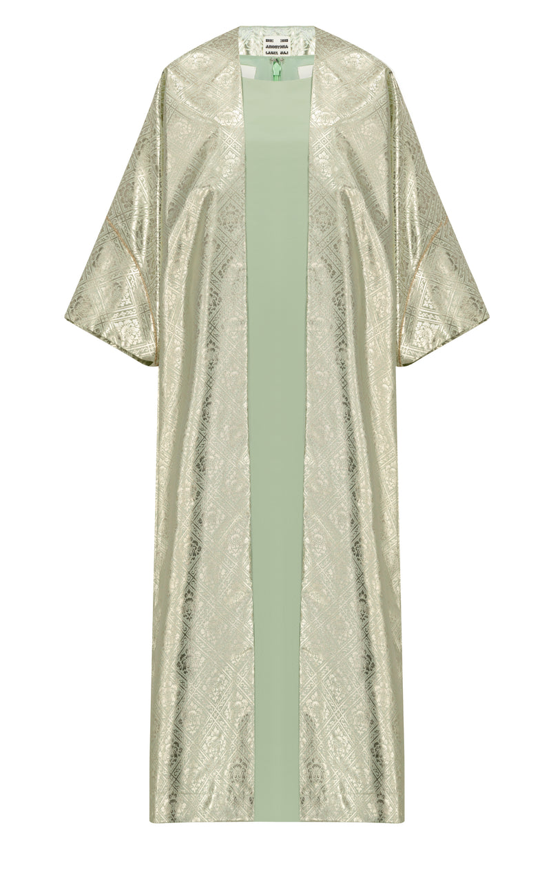 Shiny jacquard bisht with silk satin inner dress