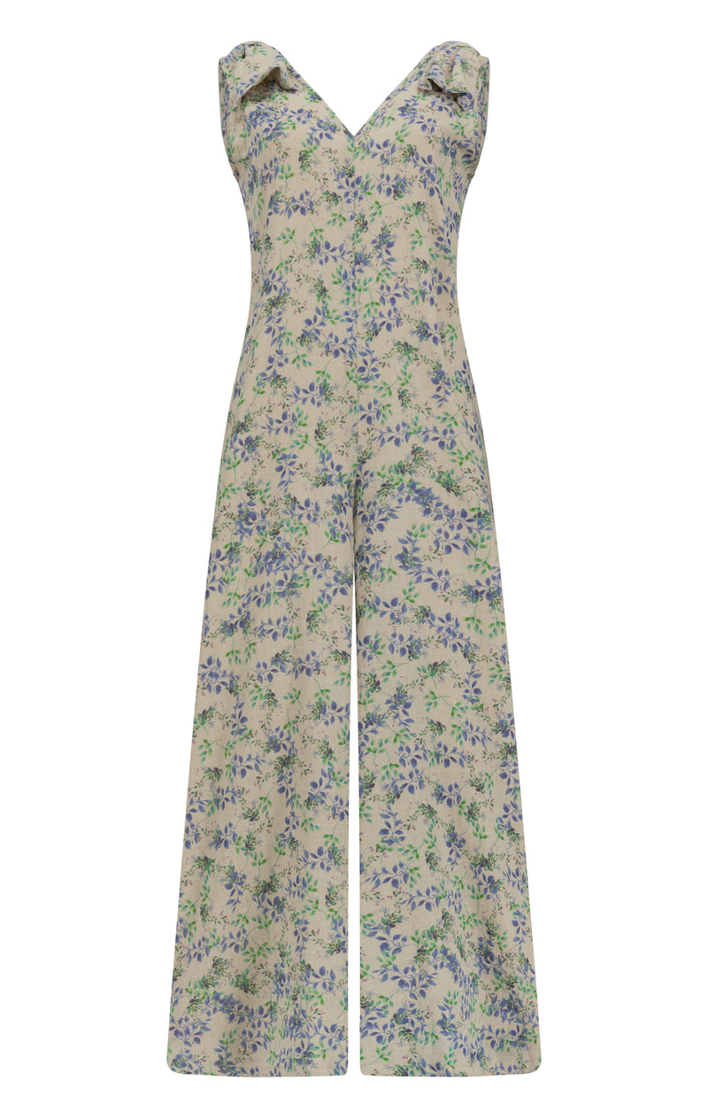 Sleeveless linen jumpsuit with bow on shoulder