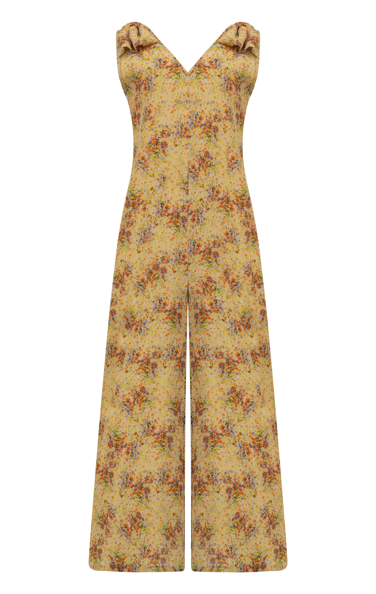 Sleeveless linen jumpsuit with bow on shoulder