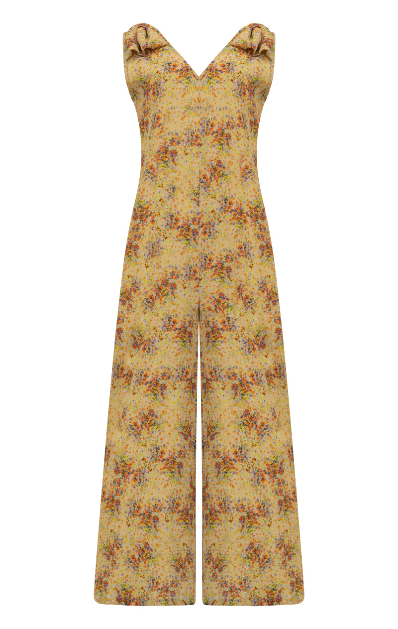Sleeveless linen jumpsuit with bow on shoulder