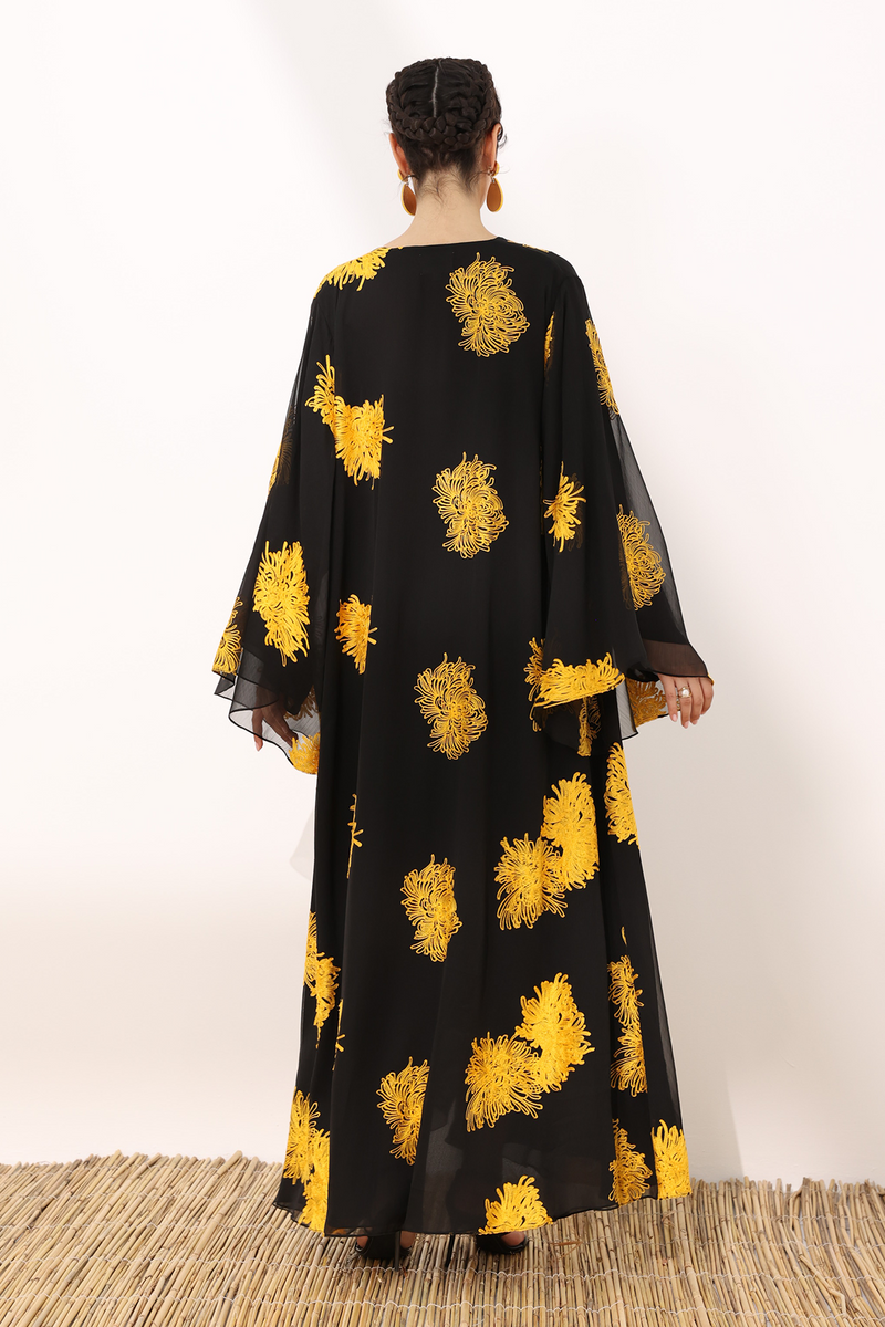 Mums flower printed wrinkled chiffon classic flowy abaya