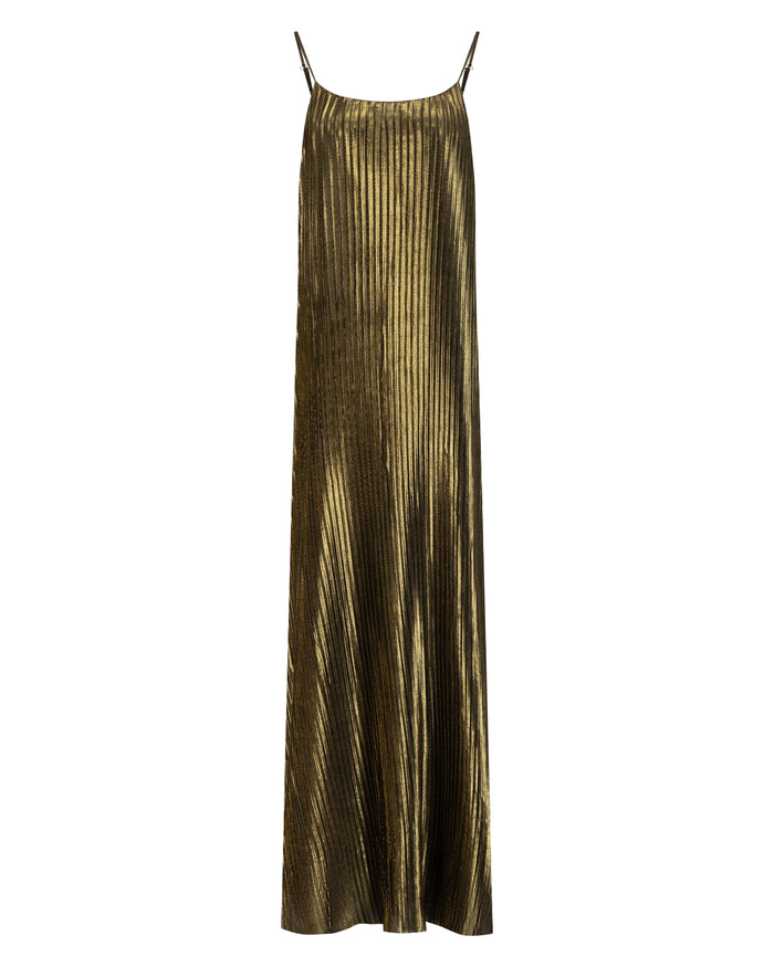 Metallic Gold Slip Dress With Pleats