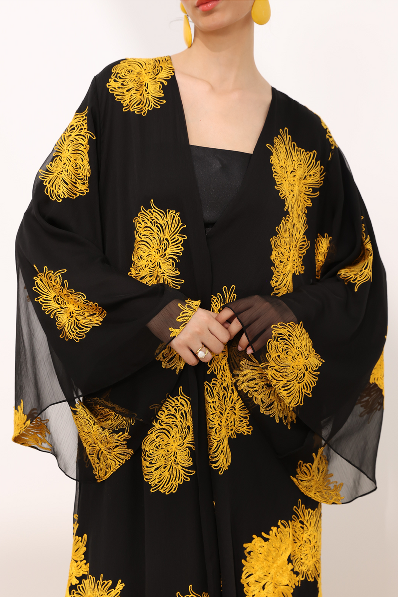 Mums flower printed wrinkled chiffon classic flowy abaya