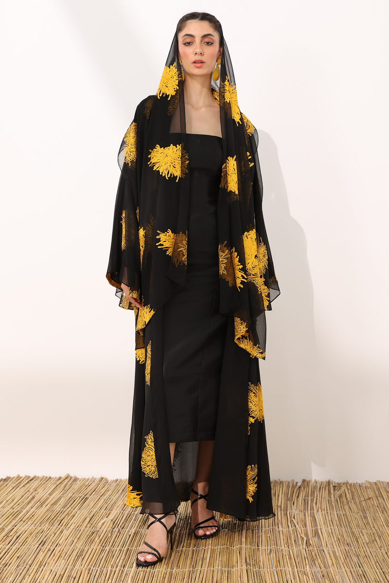 Mums flower printed wrinkled chiffon classic flowy abaya