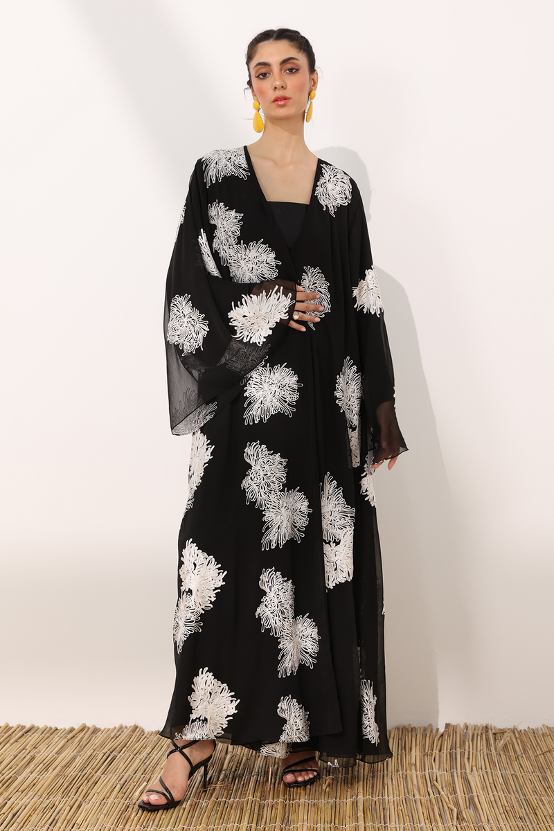 Mums flower printed wrinkled chiffon classic flowy abaya