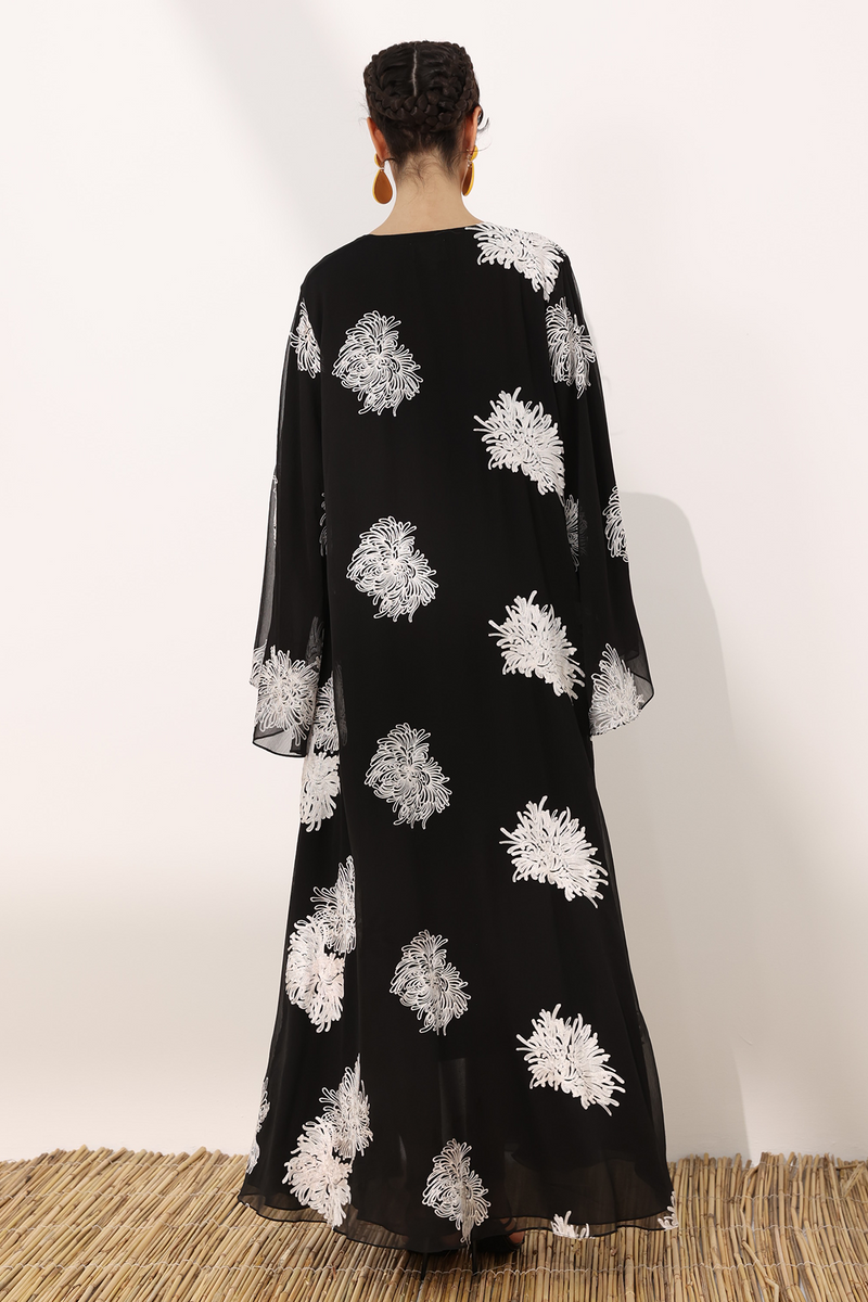 Mums flower printed wrinkled chiffon classic flowy abaya