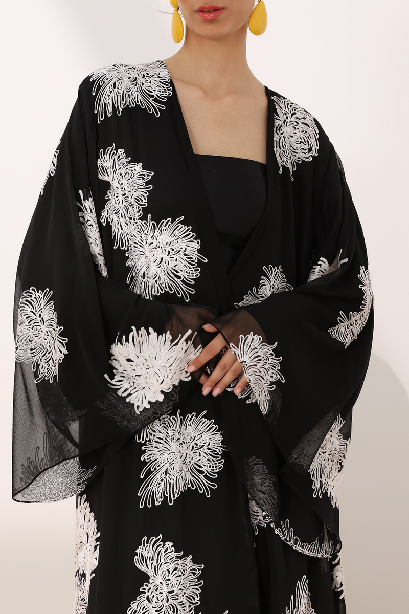 Mums flower printed wrinkled chiffon classic flowy abaya