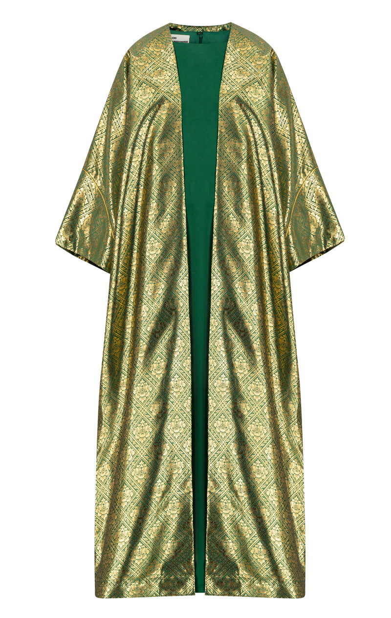 Shiny jacquard bisht with silk satin inner dress