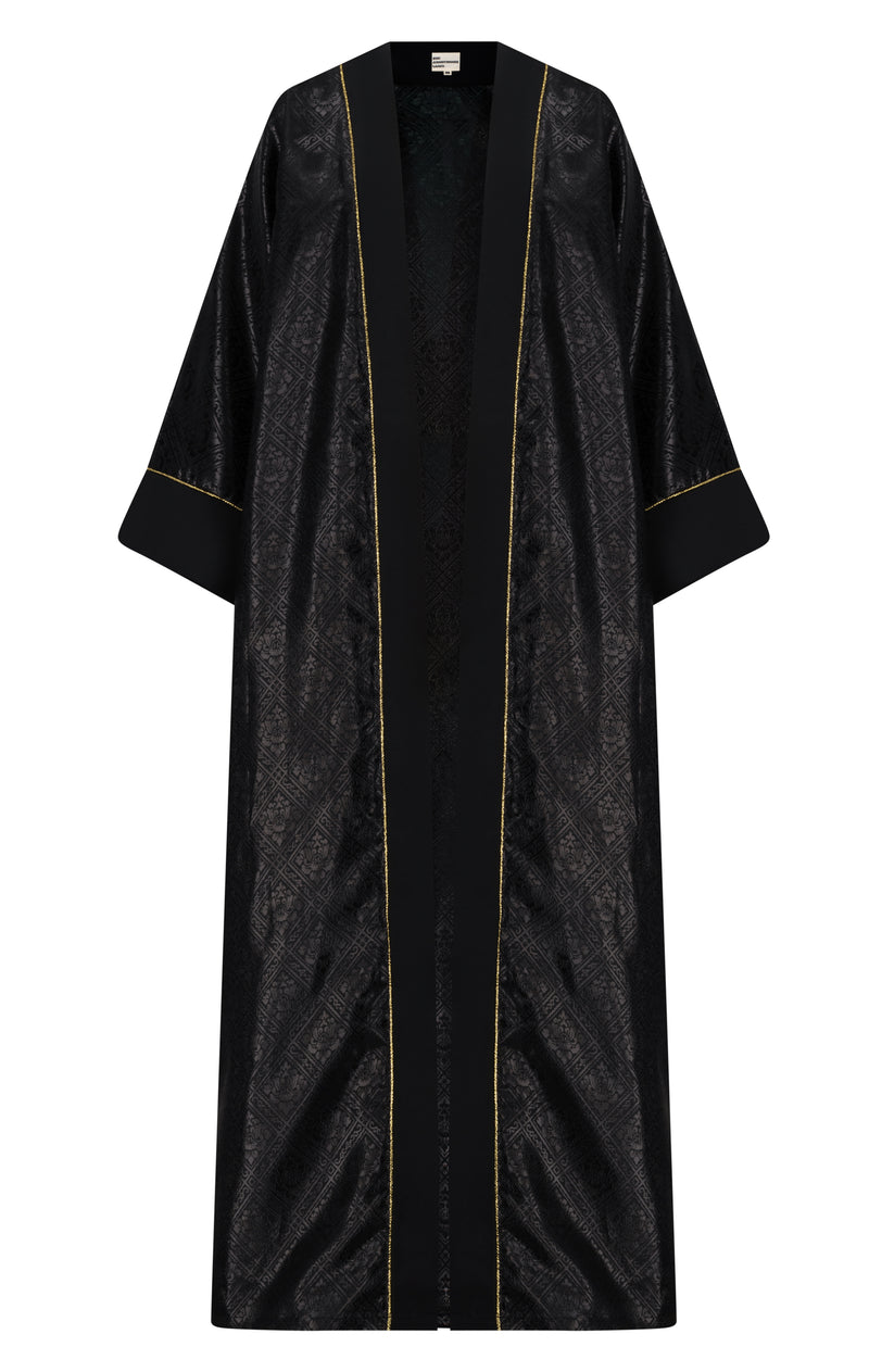 Shiny jacquard abaya with tafetta cuff and edges