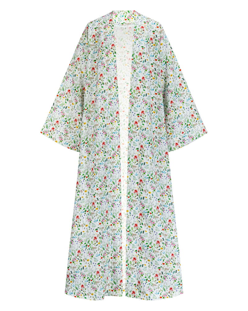 Classic white linen abaya with floral print