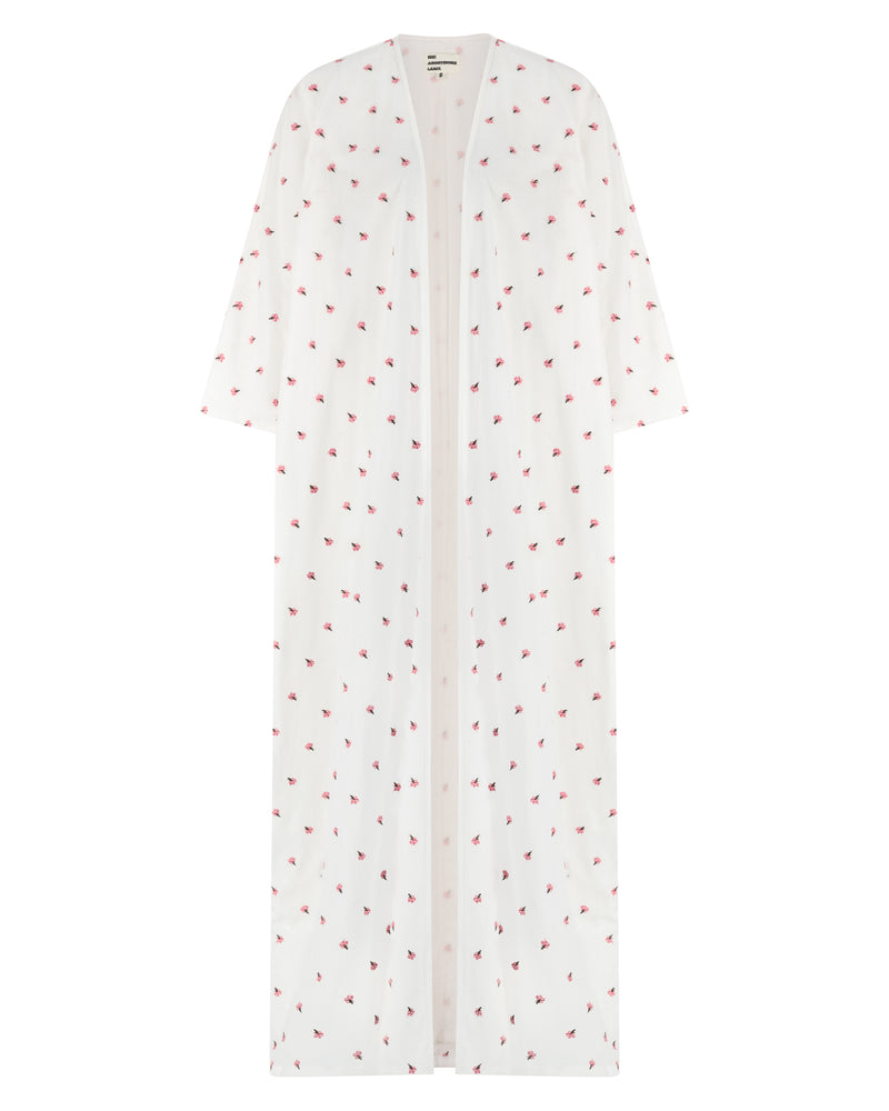 Classic white linen abaya with floral print