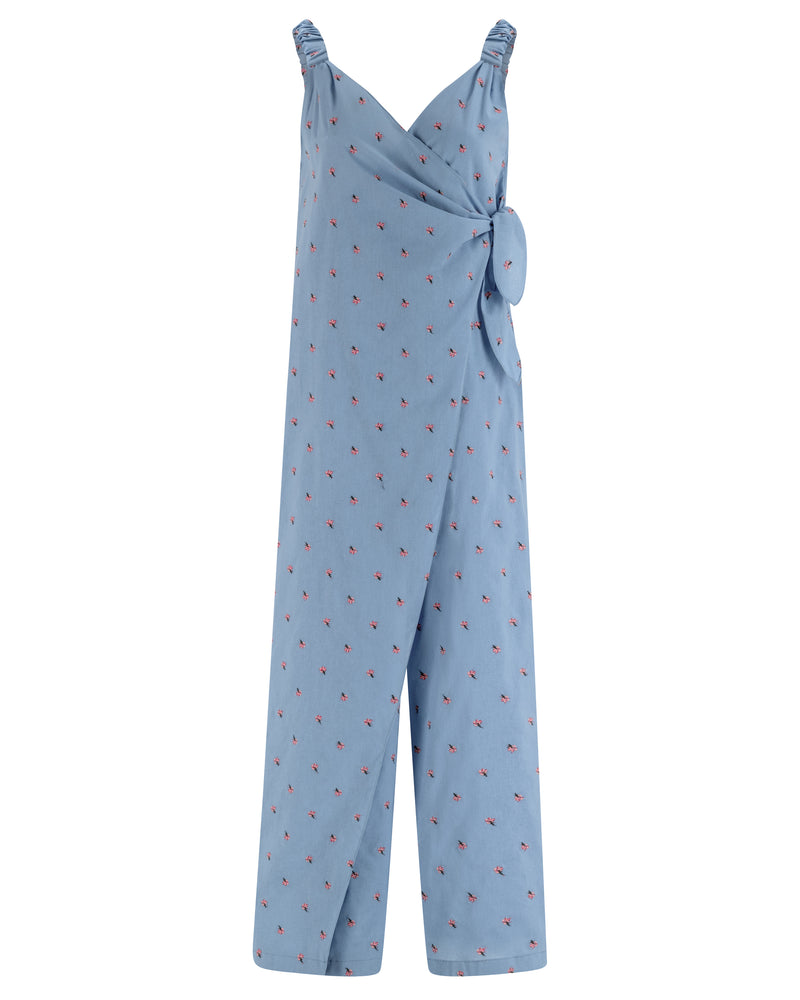 Sleeveless overlapped cotton jumpsuit with mini embroidered flowers