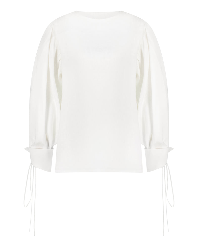 Plain linen top with folds on sleeves tied with bow on cuff