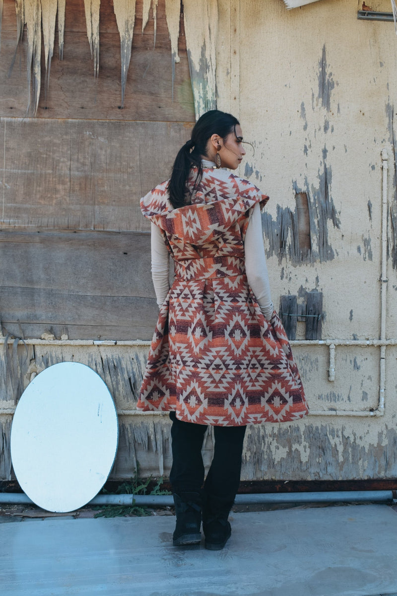 Tribal wool vest with hoodie and belt