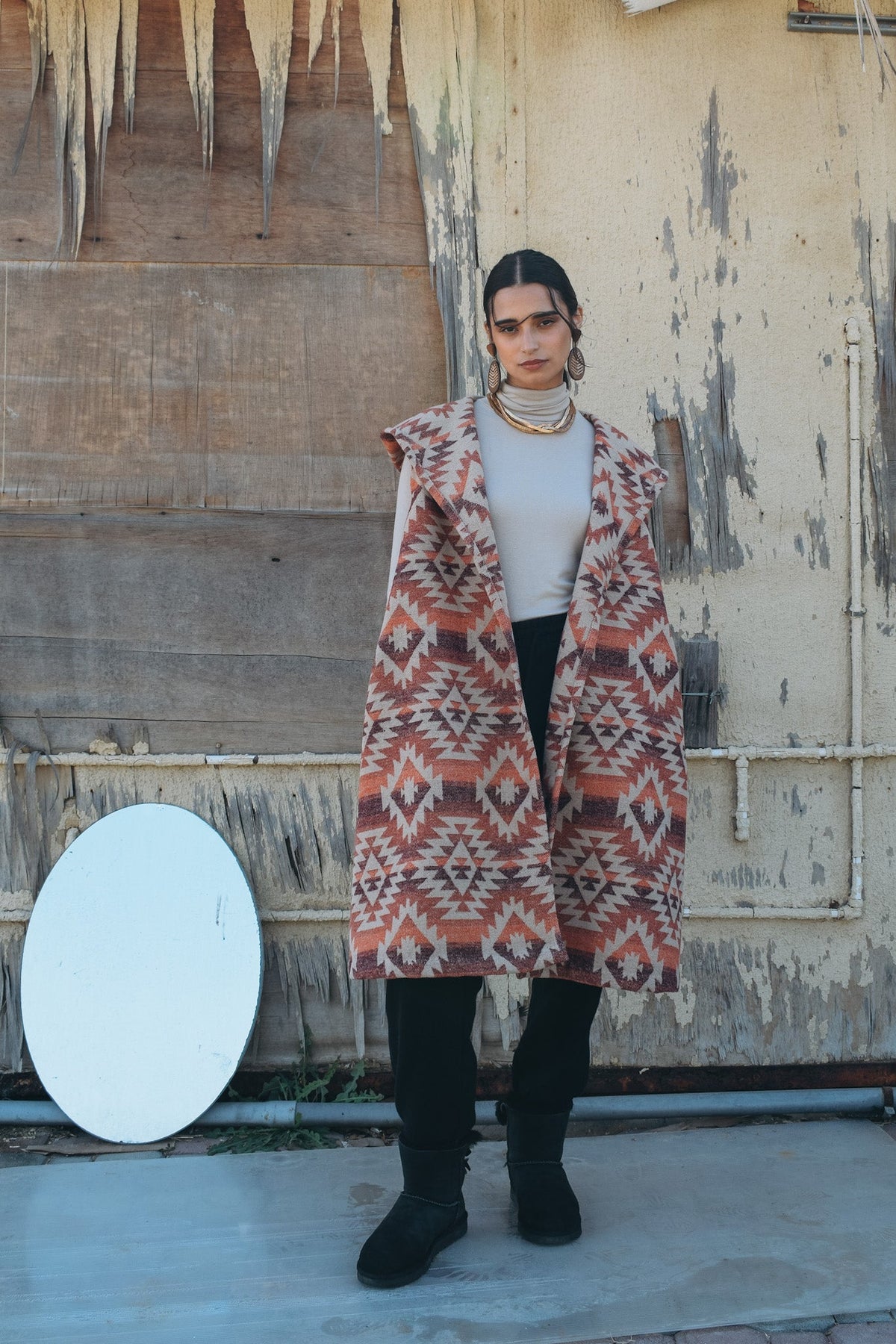 Tribal wool vest with hoodie and belt