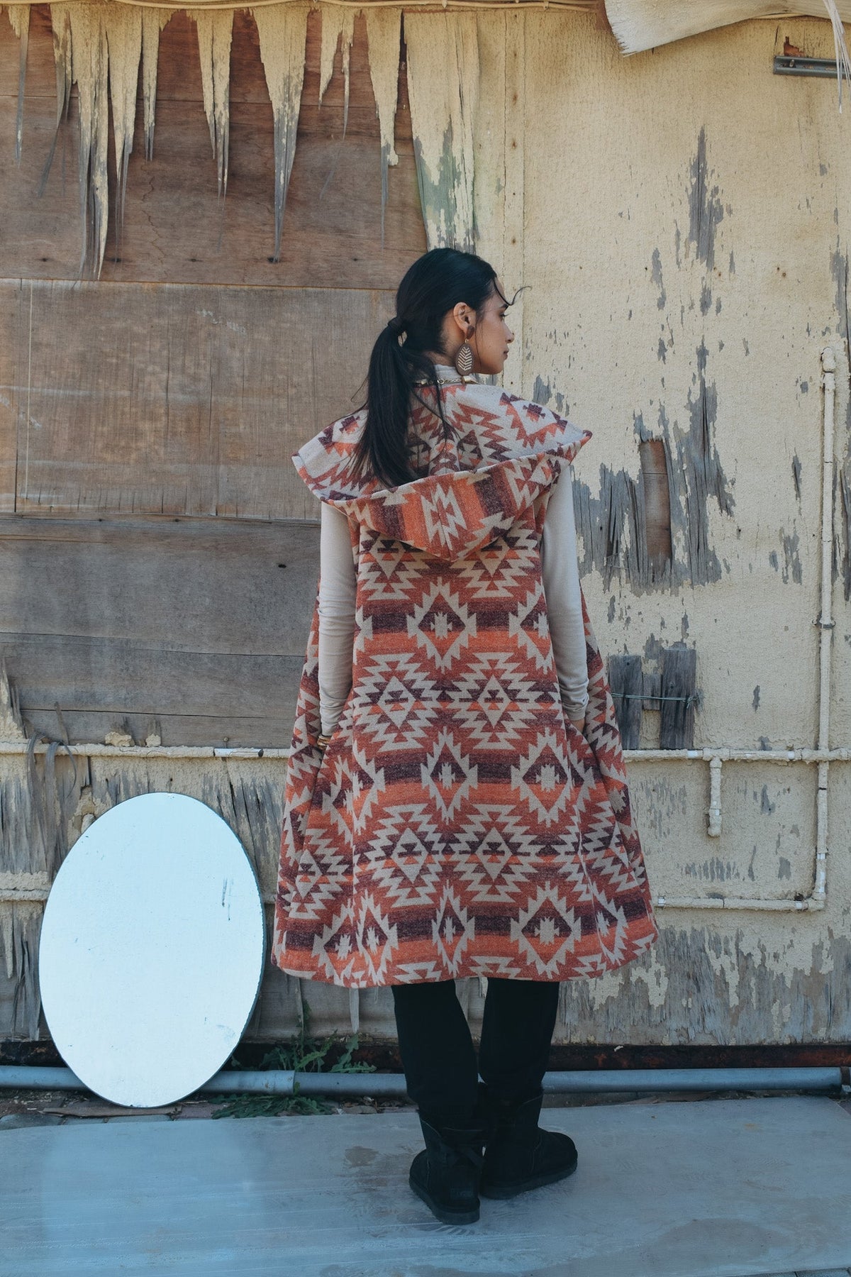 Tribal wool vest with hoodie and belt