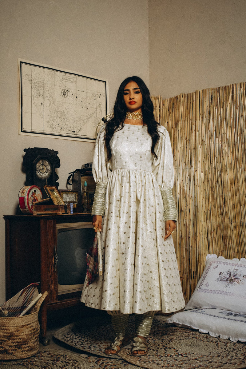 Jacquard set of dress & harem pants with cuffed trimmings on sleeves & legs
