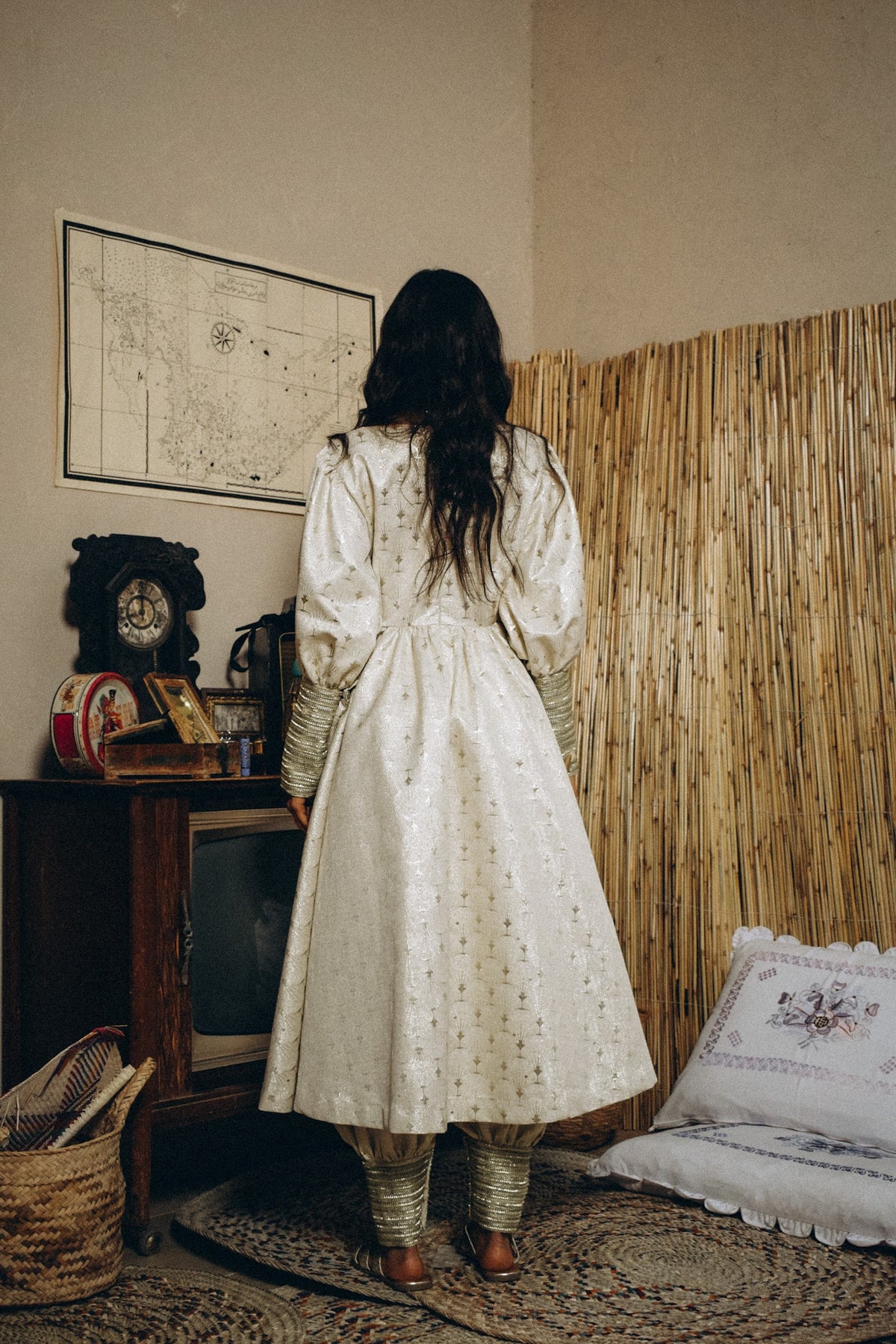 Jacquard set of dress & harem pants with cuffed trimmings on sleeves & legs