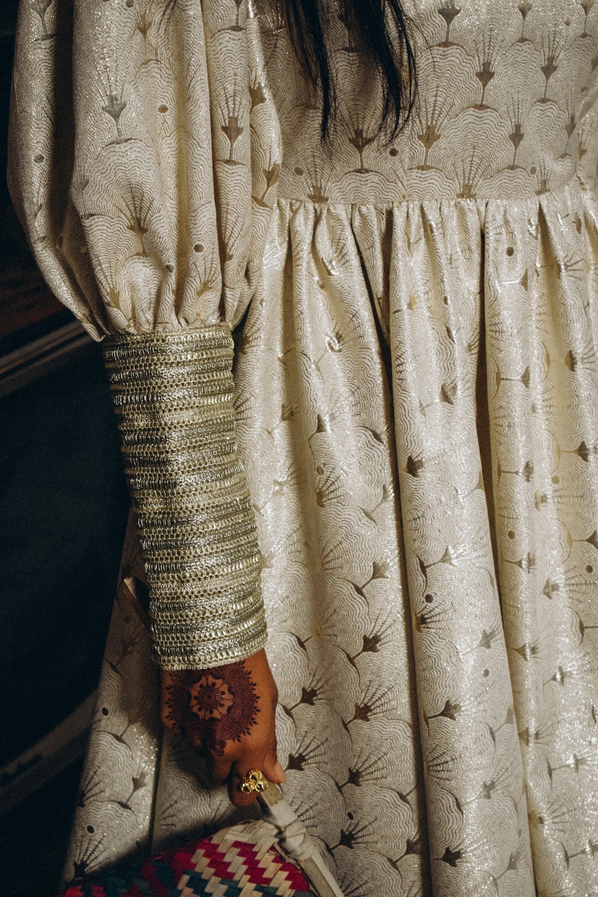 Jacquard set of dress & harem pants with cuffed trimmings on sleeves & legs