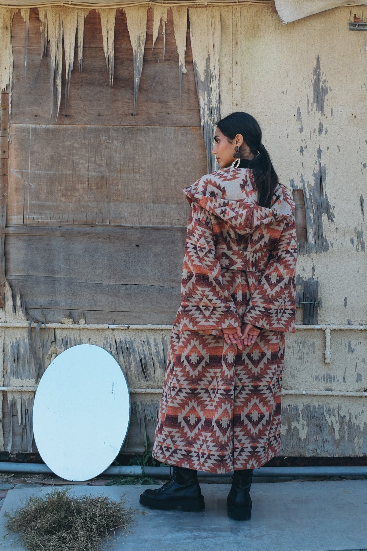 Tribal wool jacket with hoodie and belt